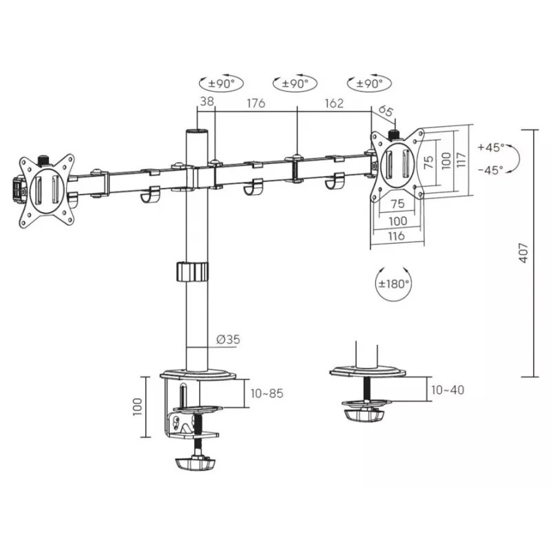Equip 17 inch-32 inch Articulating Dual Monitor Desk Mount Bracket, White