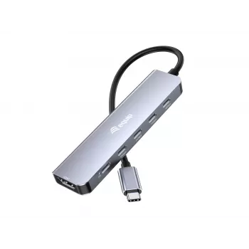 EQUIP USB-C 6‑in‑1 Multifunctional Adapter — HDMI 4K/60Hz, 4× USB‑C Gen2 (10Gbps), 100W PD, 0.25 m cable, Grey