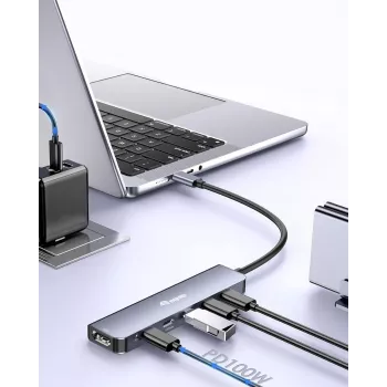 EQUIP USB-C 6‑in‑1 Multifunctional Adapter — HDMI 4K/60Hz, 4× USB‑C Gen2 (10Gbps), 100W PD, 0.25 m cable, Grey