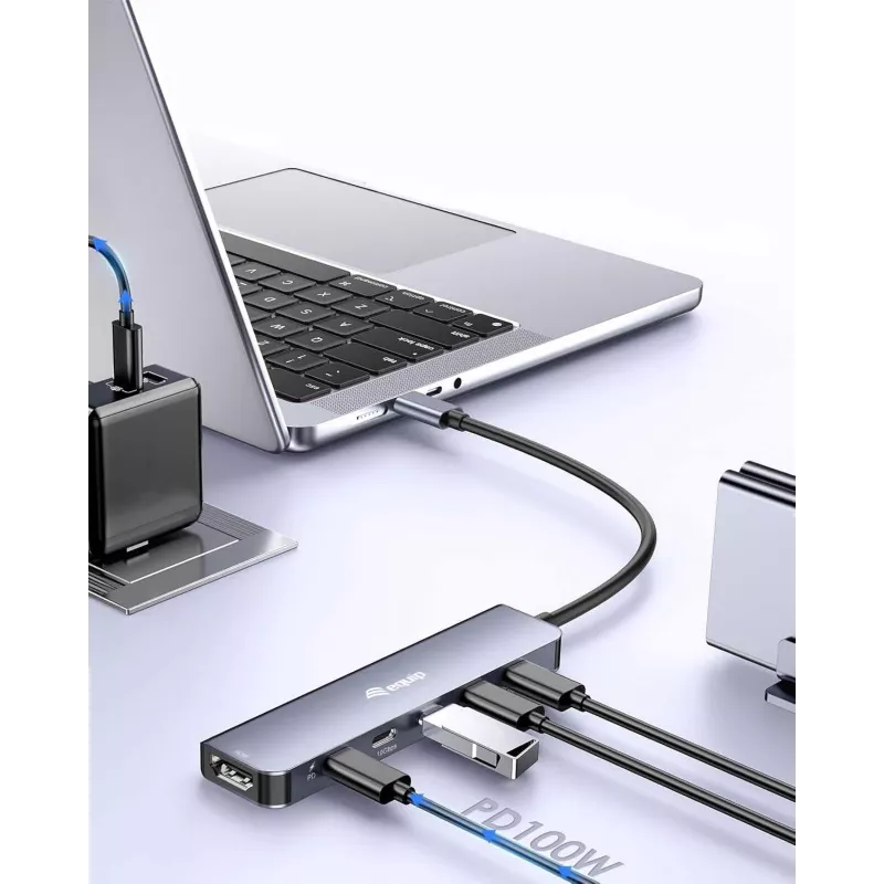 EQUIP USB-C 6‑in‑1 Multifunctional Adapter — HDMI 4K/60Hz, 4× USB‑C Gen2 (10Gbps), 100W PD, 0.25 m cable, Grey