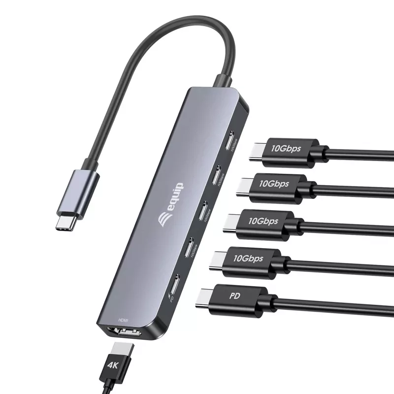 EQUIP USB-C 6‑in‑1 Multifunctional Adapter — HDMI 4K/60Hz, 4× USB‑C Gen2 (10Gbps), 100W PD, 0.25 m cable, Grey