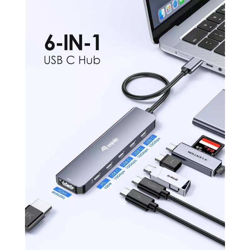 EQUIP USB-C 6‑in‑1 Multifunctional Adapter — HDMI 4K/60Hz, 4× USB‑C Gen2 (10Gbps), 100W PD, 0.25 m cable, Grey