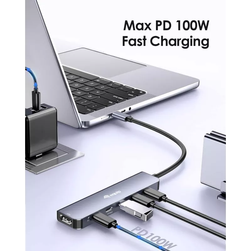 EQUIP USB-C 6‑in‑1 Multifunctional Adapter — HDMI 4K/60Hz, 4× USB‑C Gen2 (10Gbps), 100W PD, 0.25 m cable, Grey