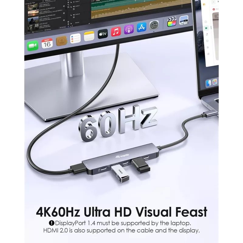 EQUIP USB-C 6‑in‑1 Multifunctional Adapter — HDMI 4K/60Hz, 4× USB‑C Gen2 (10Gbps), 100W PD, 0.25 m cable, Grey
