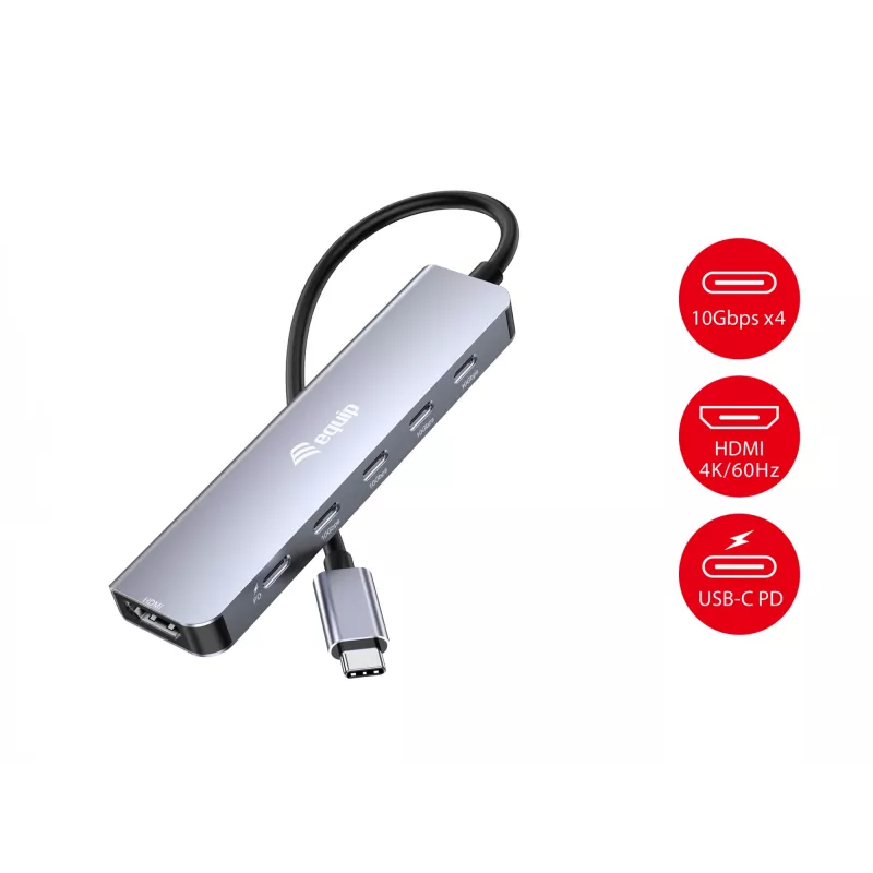 EQUIP USB-C 6‑in‑1 Multifunctional Adapter — HDMI 4K/60Hz, 4× USB‑C Gen2 (10Gbps), 100W PD, 0.25 m cable, Grey