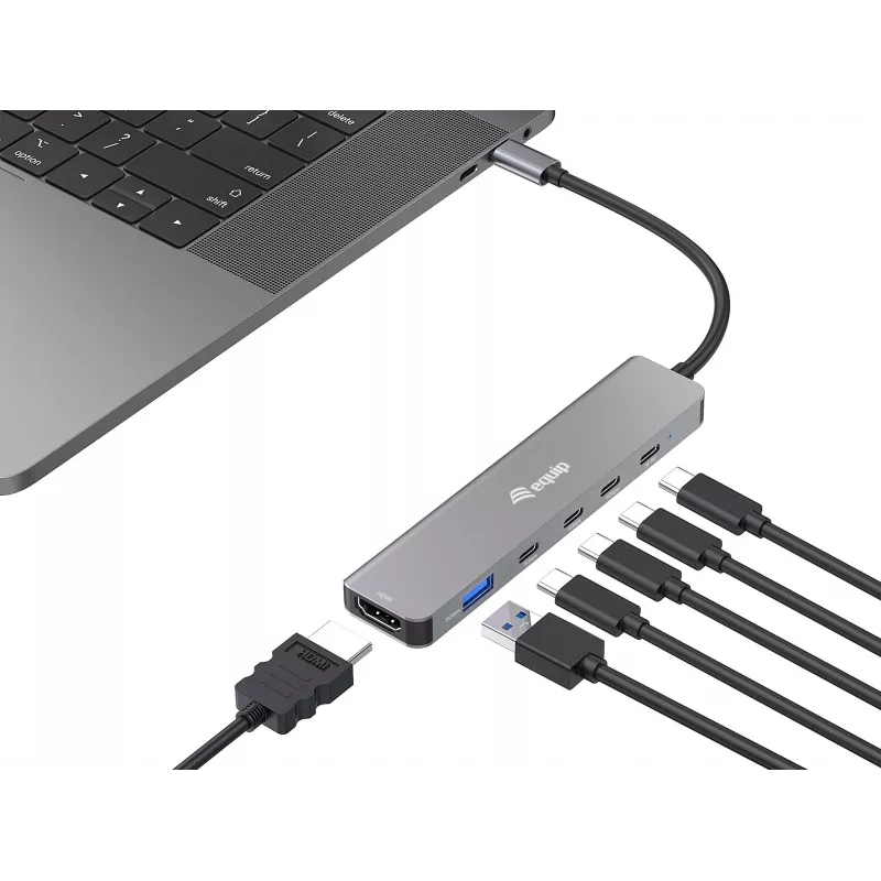 Equip USB-C 6 in 1 Multifunctional Adapter, HDMI 4K/30Hz, USB-C x 4 , USB-A x 1, 5Gbps, 100W USB PD