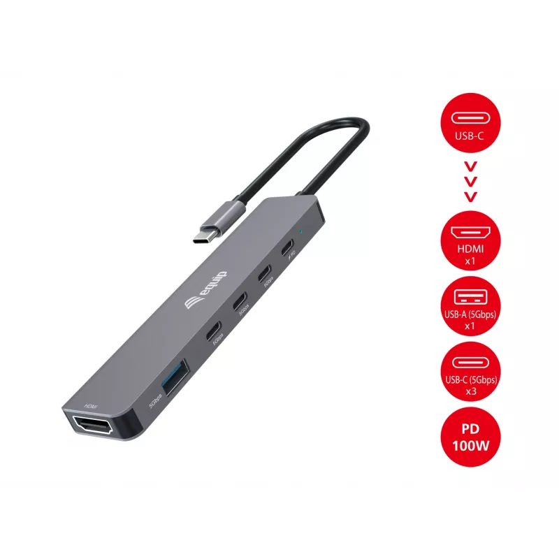 Equip USB-C 6 in 1 Multifunctional Adapter, HDMI 4K/30Hz, USB-C x 4 , USB-A x 1, 5Gbps, 100W USB PD