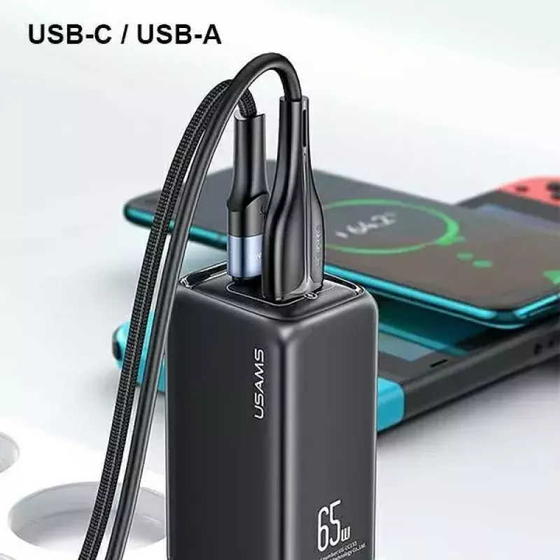 Charger usams T47 USB / USB‑C 65W PD Fast Charging — 65W USB Power Delivery, USB-A + USB-C ports