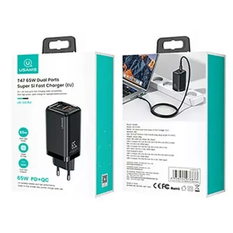 Charger usams T47 USB / USB‑C 65W PD Fast Charging — 65W USB Power Delivery, USB-A + USB-C ports