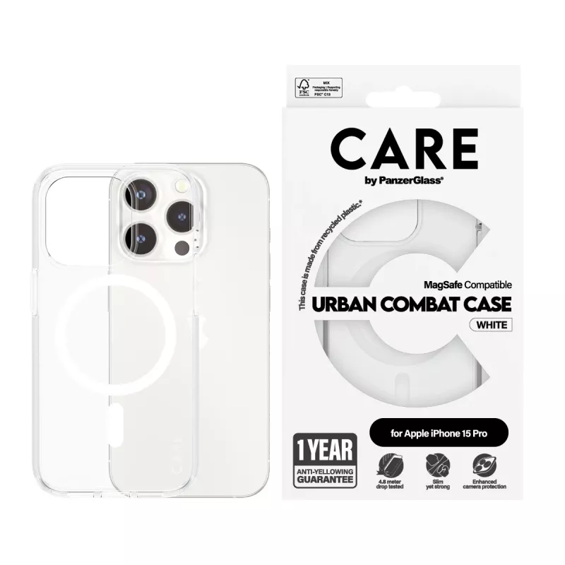 PanzerGlass CARE™ by ® Urban Combat Case Transparent w. White MagSafe iPhone 15 Pro