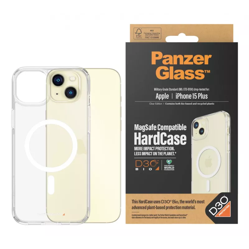 Protective HardCase MagSafe phone case PanzerGlass for iPhone 15 Plus — transparent recycled plastic, fits 6.69 inch screen