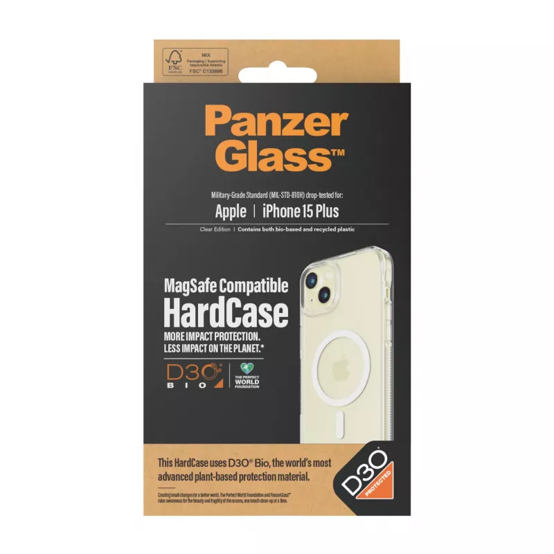 Protective HardCase MagSafe phone case PanzerGlass for iPhone 15 Plus — transparent recycled plastic, fits 6.69 inch screen