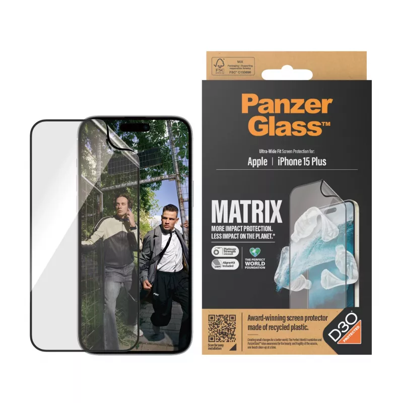 PanzerGlass ® ECO MATRIX Screen Protector with D3O® iPhone 15 Plus | Ultra-Wide Fit w. AlignerKit