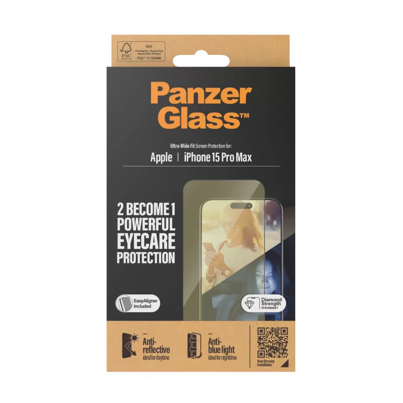 PanzerGlass ® EyeCARE™ Screen Protection iPhone 15 Pro Max | Ultra-Wide Fit w. EasyAligner