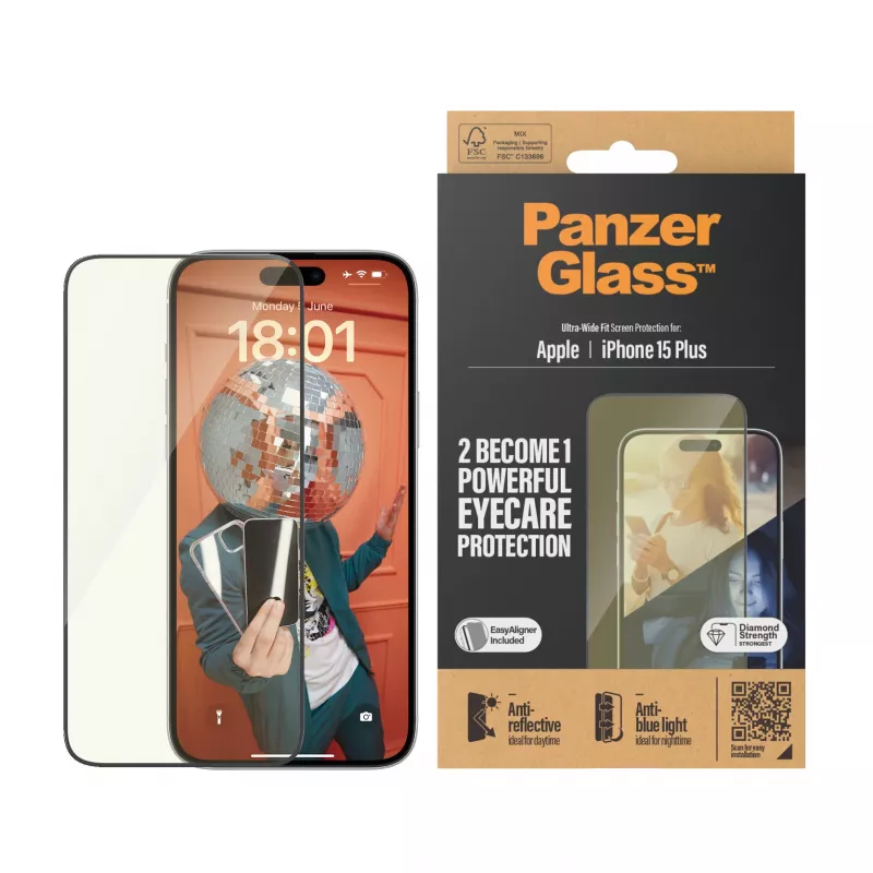 Tempered Glass Screen Protector PanzerGlass Eyecare for iPhone 15 Plus — Ultra-Wide Fit, Shock Resistant, Dry Application