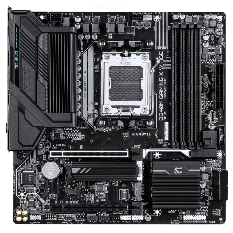 GIGABYTE B840M GAMING X WIFI6E Motherboard - AMD Ryzen 9000 CPUs, 8+2+2 Phases VRM, up to 8200MHz DDR5(O.C), 2xPCIe 4.0 M.2, Wi-Fi 6E, 2.5GbE LAN, USB 3.2 Gen 1