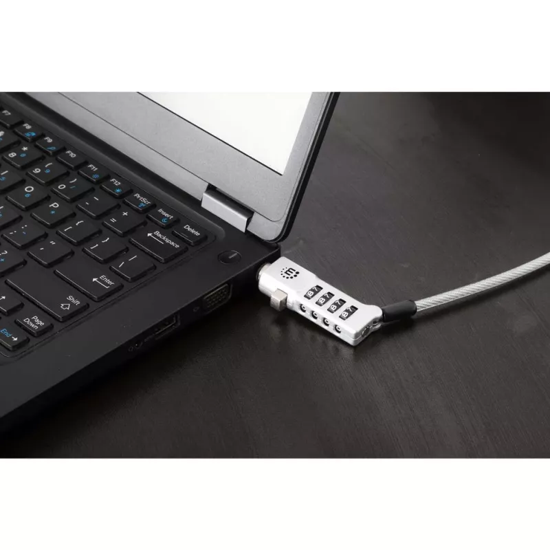 Manhattan Universal Laptop Combination Lock For Noble Wedge®, Nano and K-Slot, Secure 3-in-1 Anti-theft Notebook Lock, Resettable 4-digit Combo, 1.8m, Cut-Resistant Carbon Steel Cable, Translucent PVC Jacket, Silver