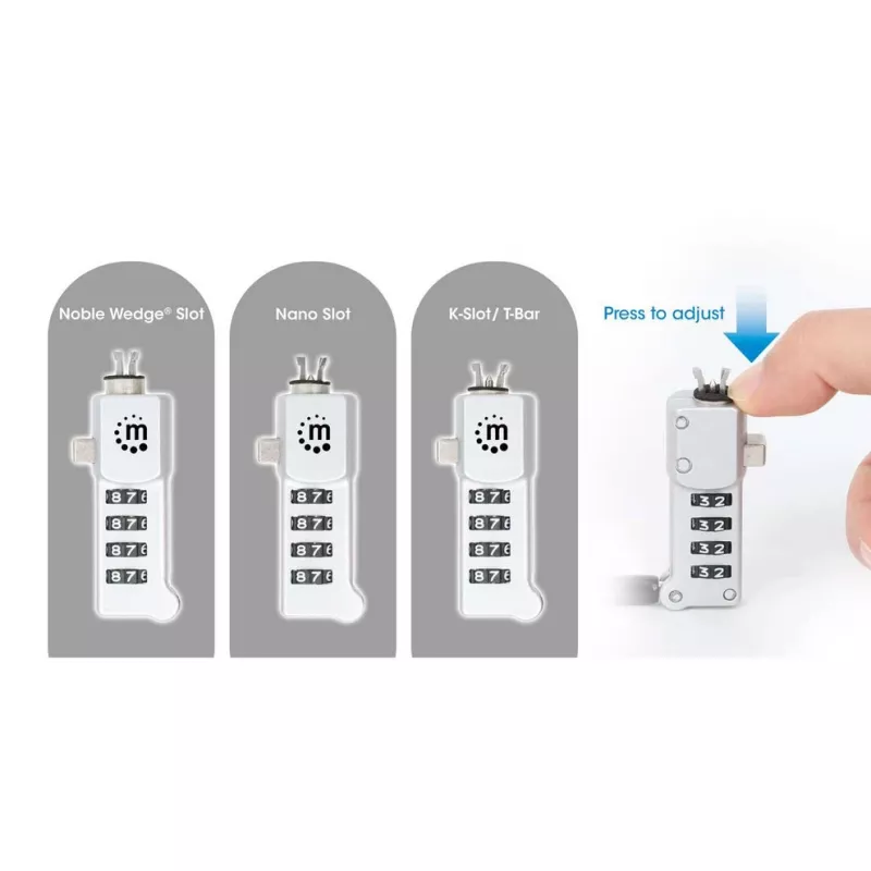 Manhattan Universal Laptop Combination Lock For Noble Wedge®, Nano and K-Slot, Secure 3-in-1 Anti-theft Notebook Lock, Resettable 4-digit Combo, 1.8m, Cut-Resistant Carbon Steel Cable, Translucent PVC Jacket, Silver