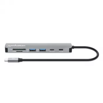 Manhattan USB-C Dock/Hub with Card Reader, Ports (x5): HDMI, USB-A (x2) and USB-C (x2), with Power Delivery (PD) 100W- requires external USB-C charger (not included). USB powered (no external power supply required) when PD is not in use