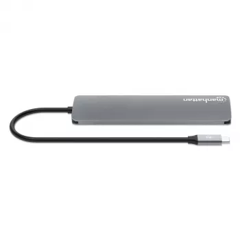 Manhattan USB-C Dock/Hub with Card Reader, Ports (x5): HDMI, USB-A (x2) and USB-C (x2), with Power Delivery (PD) 100W- requires external USB-C charger (not included). USB powered (no external power supply required) when PD is not in use