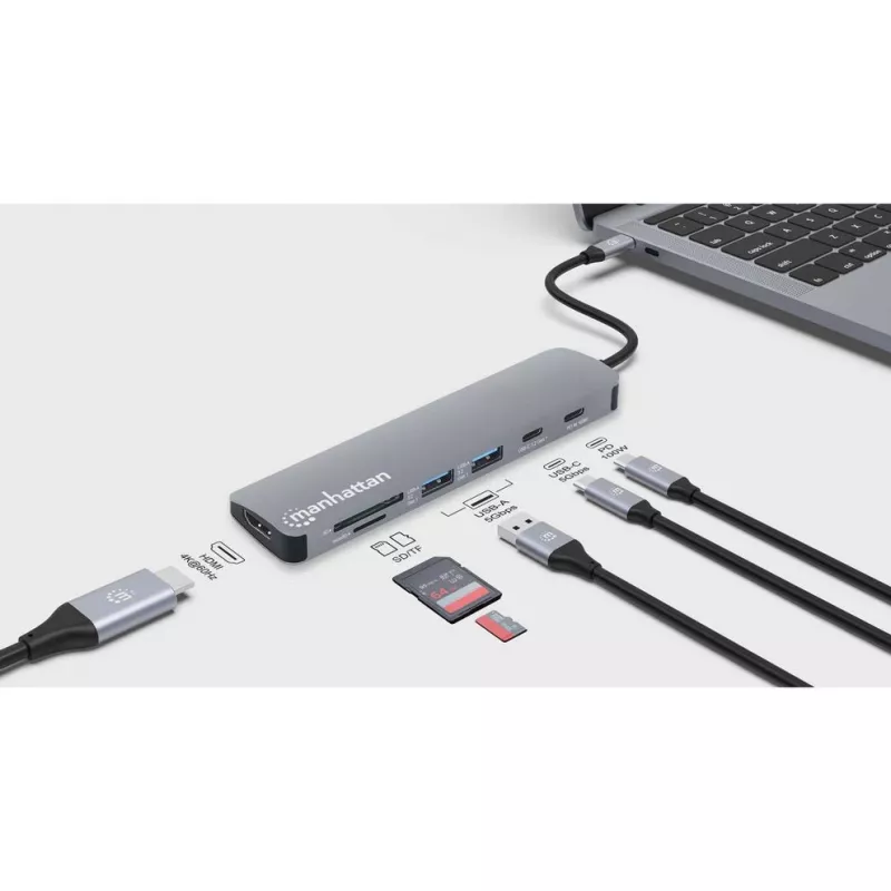 Manhattan USB-C Dock/Hub with Card Reader, Ports (x5): HDMI, USB-A (x2) and USB-C (x2), with Power Delivery (PD) 100W- requires external USB-C charger (not included). USB powered (no external power supply required) when PD is not in use