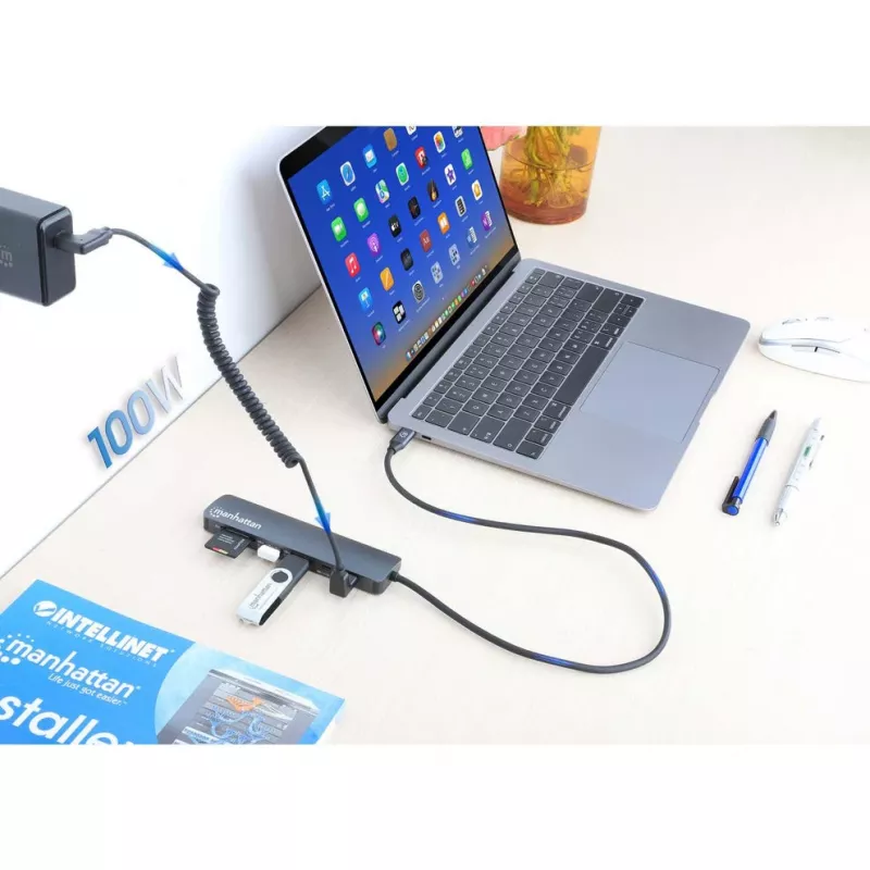 Manhattan USB-C Dock/Hub with Card Reader, Ports (x5): HDMI, USB-A (x2) and USB-C (x2), with Power Delivery (PD) 100W- requires external USB-C charger (not included). USB powered (no external power supply required) when PD is not in use