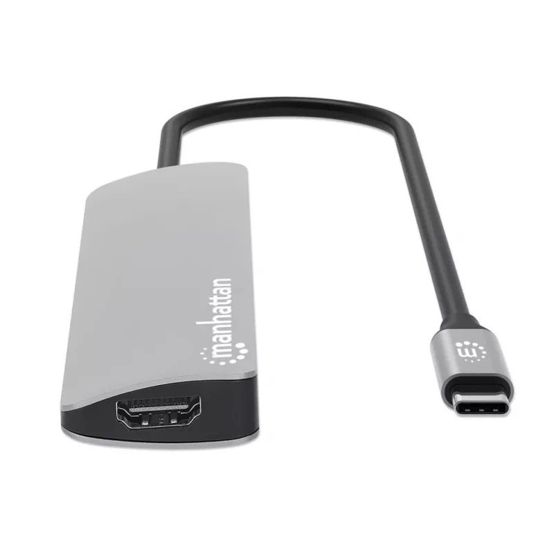 Manhattan USB-C Dock/Hub with Card Reader, Ports (x5): HDMI, USB-A (x2) and USB-C (x2), with Power Delivery (PD) 100W- requires external USB-C charger (not included). USB powered (no external power supply required) when PD is not in use