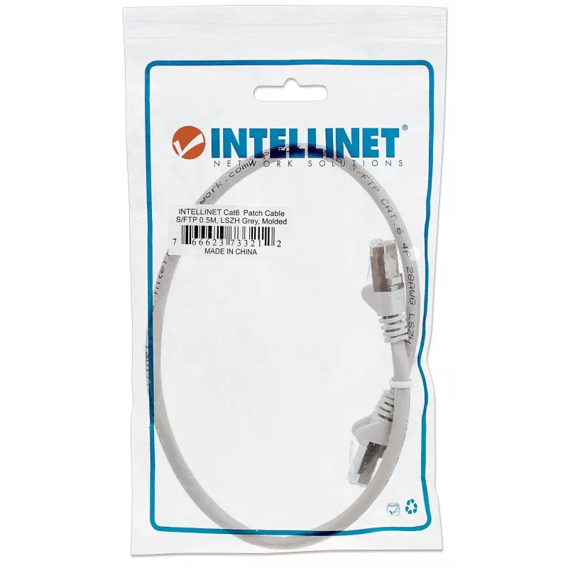 Intellinet Network Patch Cable, Cat6, 0.5m, Grey, Copper, S/FTP, LSOH / LSZH, PVC, RJ45, Gold Plated Contacts, Snagless, Booted, Lifetime Warranty