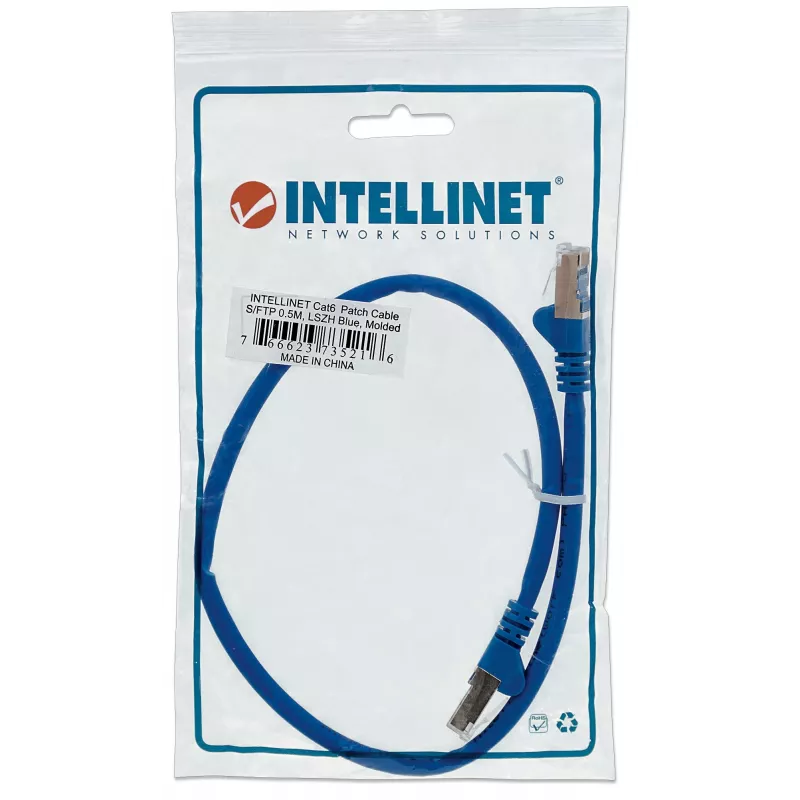 Intellinet Network Patch Cable, Cat6, 0.5m, Blue, Copper, S/FTP, LSOH / LSZH, PVC, RJ45, Gold Plated Contacts, Snagless, Booted, Lifetime Warranty