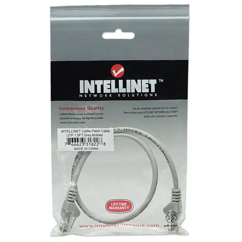 Intellinet Network Patch Cable, Cat5e, 0.5m, Grey, CCA, U/UTP, PVC, RJ45, Gold Plated Contacts, Snagless, Booted, Lifetime Warranty