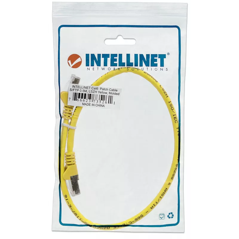 Intellinet Network Patch Cable, Cat6A, 1.5m, Yellow, Copper, S/FTP, LSOH / LSZH, PVC, RJ45, Gold Plated Contacts, Snagless, Booted, Lifetime Warranty