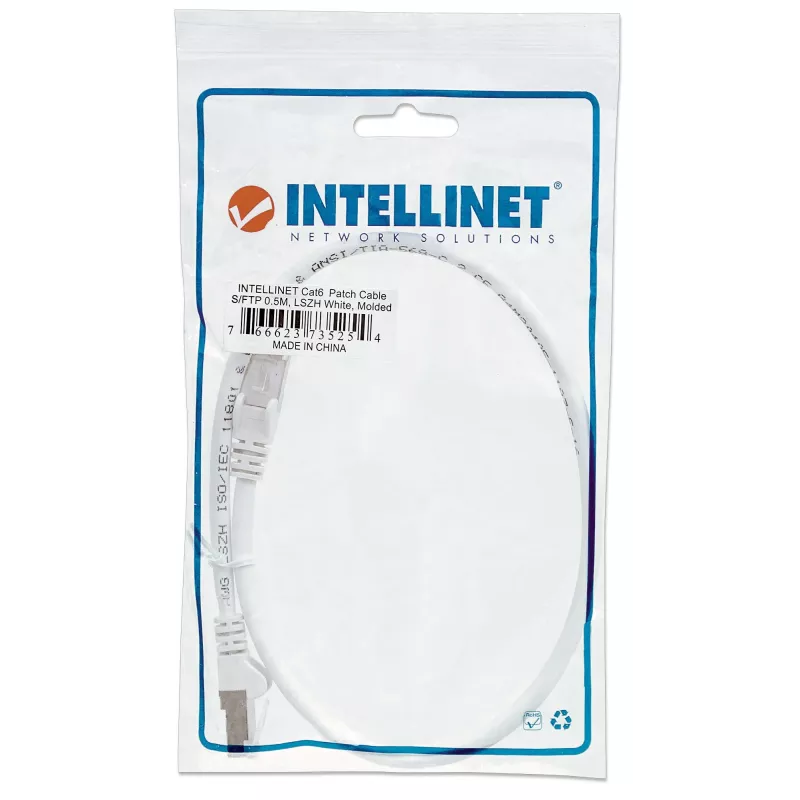 Intellinet Network Patch Cable, Cat6, 0.5m, White, Copper, S/FTP, LSOH / LSZH, PVC, RJ45, Gold Plated Contacts, Snagless, Booted, Lifetime Warranty