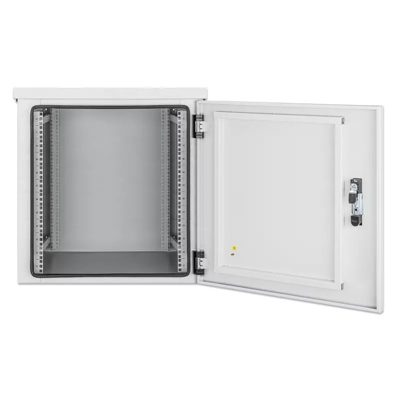 Intellinet Industrial IP55 19 inch Wall Mount Cabinet with Integrated Fans, 12U 600 mm (17.7 in.) Depth, Roof-mounted Two-fan Ventilation Unit, Dust- and Water-proof Enclosure, Assembled, Light Gray RAL7035