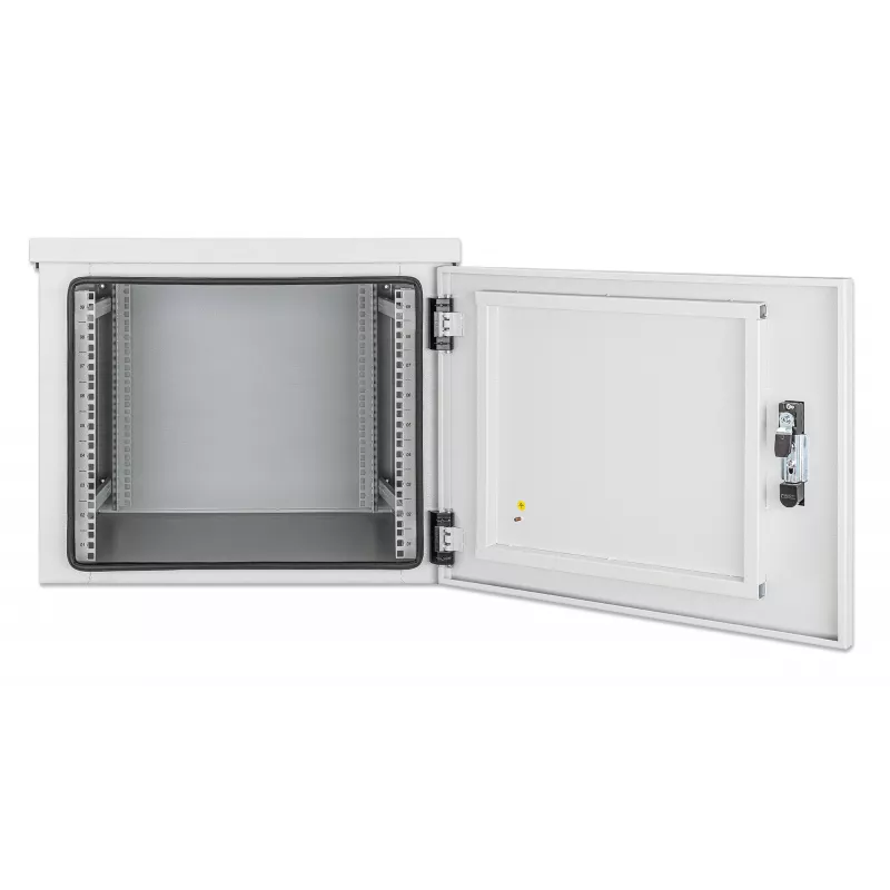 Intellinet Industrial IP55 19 inch Wall Mount Cabinet with Integrated Fans, 9U 600 mm (17.7 in.) Depth, Roof-mounted Two-fan Ventilation Unit, Dust- and Water-proof Enclosure, Assembled, Light Gray RAL7035