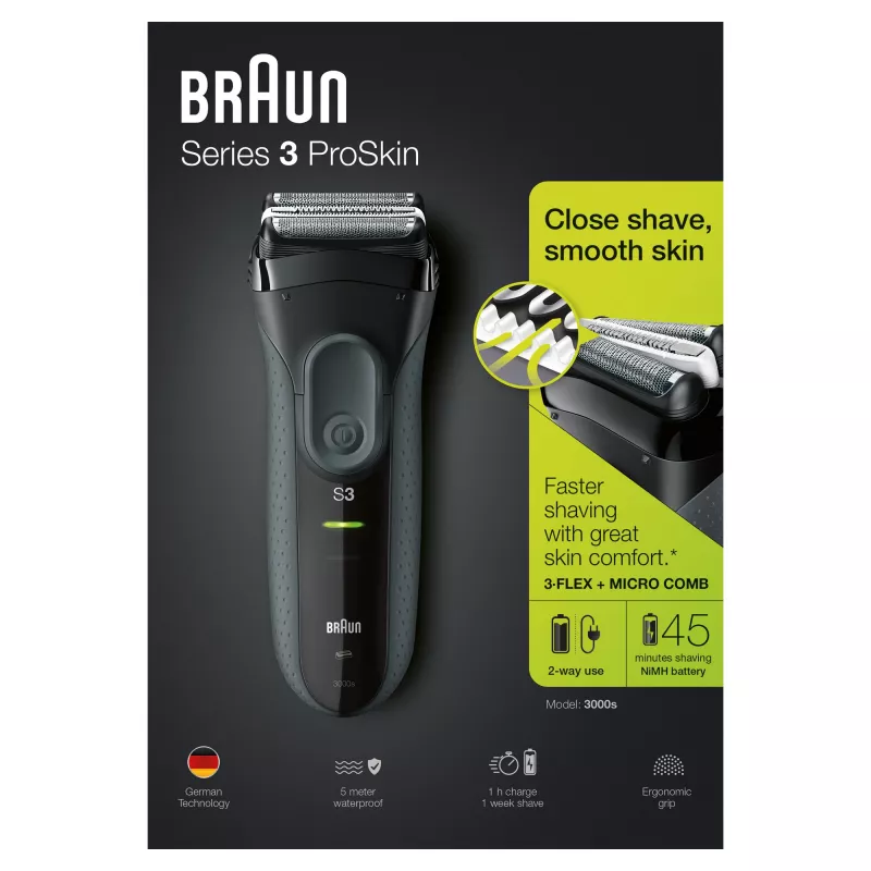 Braun Series 3 Series 3000 Shaver, Foil shaver, Black, 2 SensoFoil, LED, Power, AC/Battery