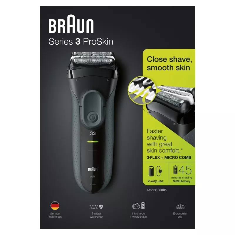 Braun Series 3 Series 3000 Shaver, Foil shaver, Black, 2 SensoFoil, LED, Power, AC/Battery