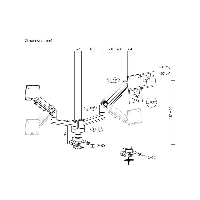 Equip 17 inch-35 inch Heavy-Duty Dual Monitor Desk Mount Bracket, White