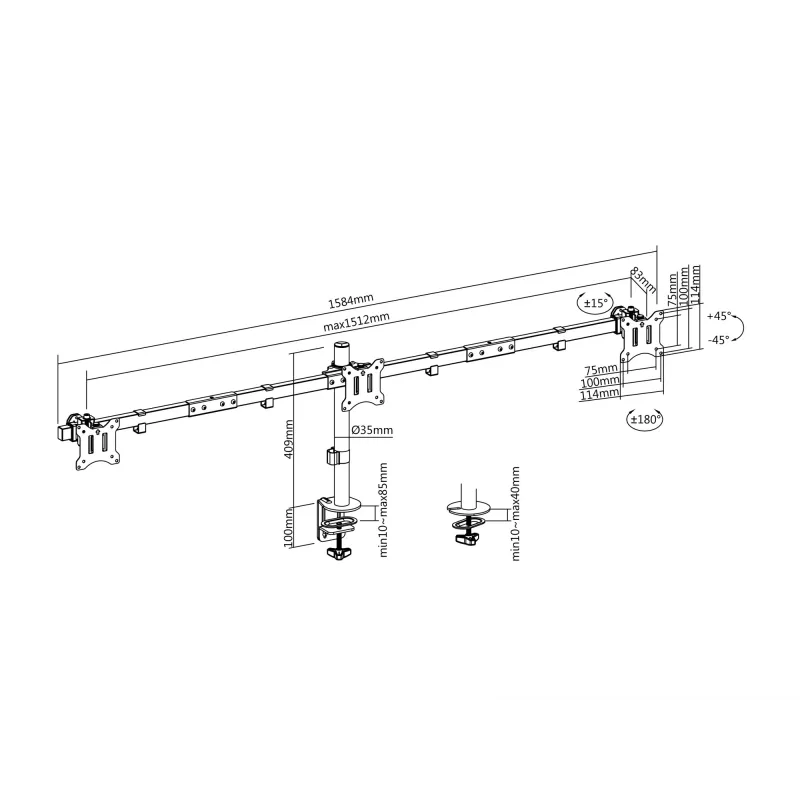 Equip 17 inch-32 inch Articulating Triple Monitor Desk Mount Bracket Clamp/Grommet 21 kg