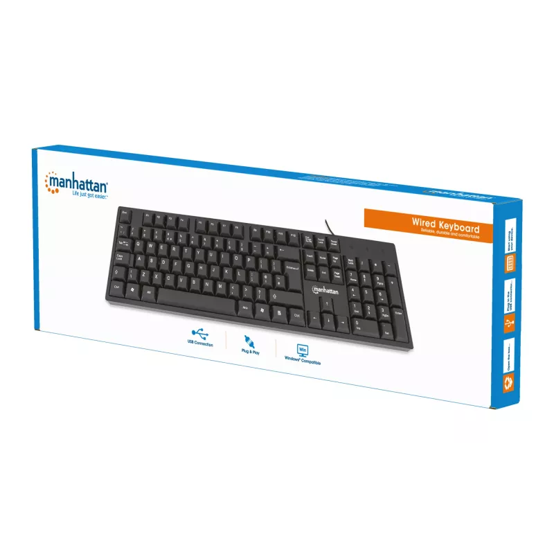 Manhattan Keyboard USB Wired, Black, Full Size Keys, Cable 1.5m, USB-A connection, Plug and Play, Three Year Warranty