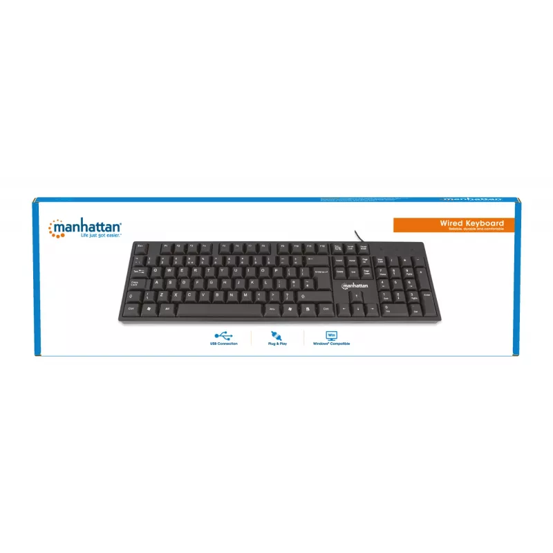 Manhattan Keyboard USB Wired, Black, Full Size Keys, Cable 1.5m, USB-A connection, Plug and Play, Three Year Warranty