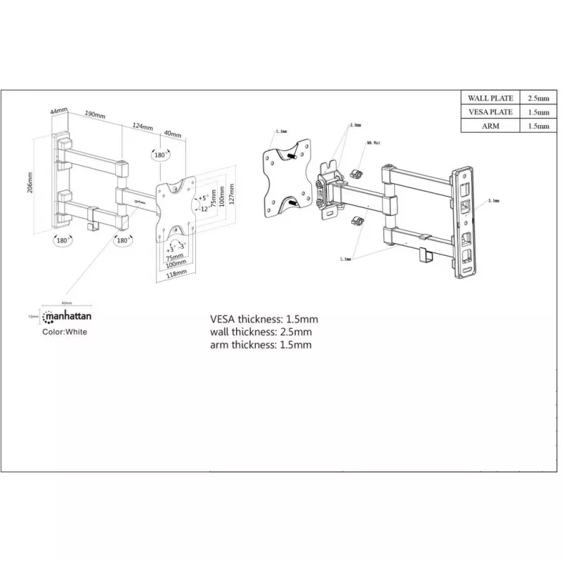 Manhattan Wall Mount for TV & Monitors (Full Motion), For screens 13 inch to 27 inch, VESA compatibility: 75x75mm and 100x100mm - check the dimensions of the four mounting holes on back of screen to ensure it fits, Max 20kg, Black, Bracket