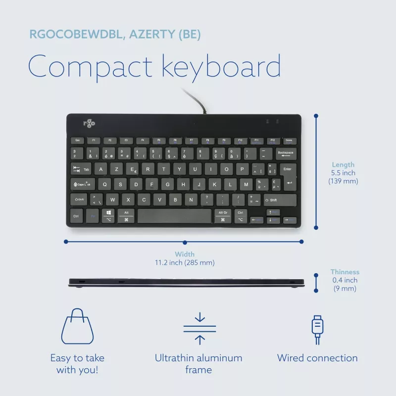 R-Go Tools Ergonomic keyboard R-Go Compact Break, compact keyboard with break software, AZERTY (BE), wired, black
