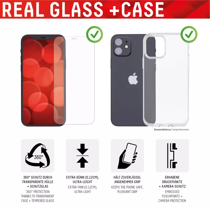 Displex Screen Protector (10H) + Case for Apple iPhone 13 Pro, Mounting Sticker, + Case, Tempered Glass, scratch resistant protective film