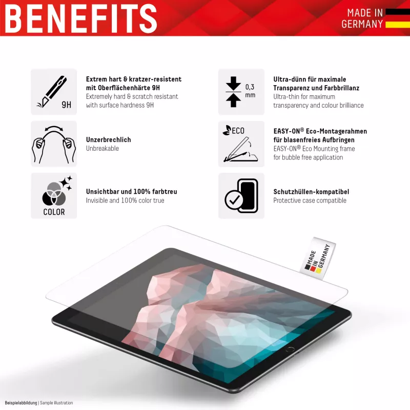 Displex Tablet Glass (9H) for Samsung Galaxy Tab A8, Eco Mounting Frame, unbreakable, ultra-slim, invisible