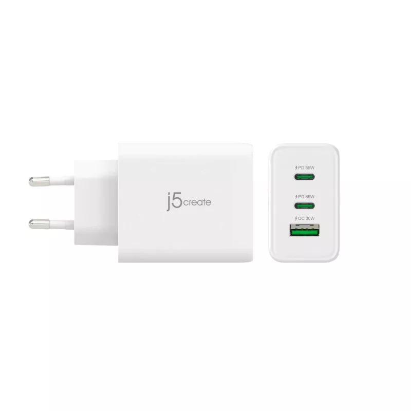 j5create JUP3365E-EN 65W GaN USB-C® 3-Port Charger, Indoor, AC, White