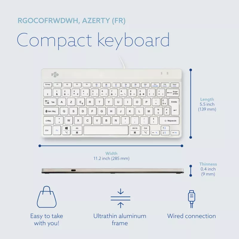 R-Go Tools Ergonomic keyboard R-Go Compact Break, compact keyboard with break software, AZERTY (FR), wired, white