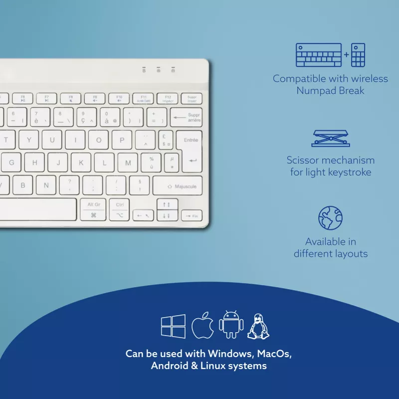 R-Go Tools Ergonomic keyboard R-Go Compact Break, compact keyboard with break software, AZERTY (FR), Bluetooth, white