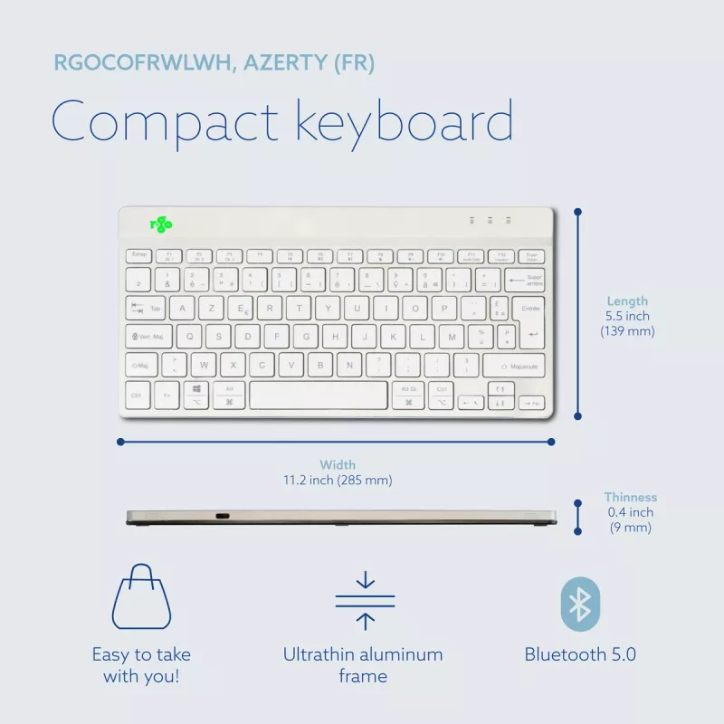 R-Go Tools Ergonomic keyboard R-Go Compact Break, compact keyboard with break software, AZERTY (FR), Bluetooth, white