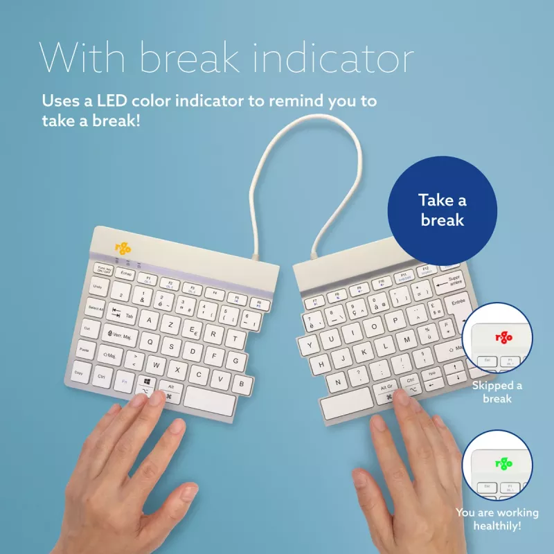 R-Go Tools Ergonomic keyboard R-Go Split Break with break software, ergonomic split keyboard, AZERTY (FR), Bluetooth, white