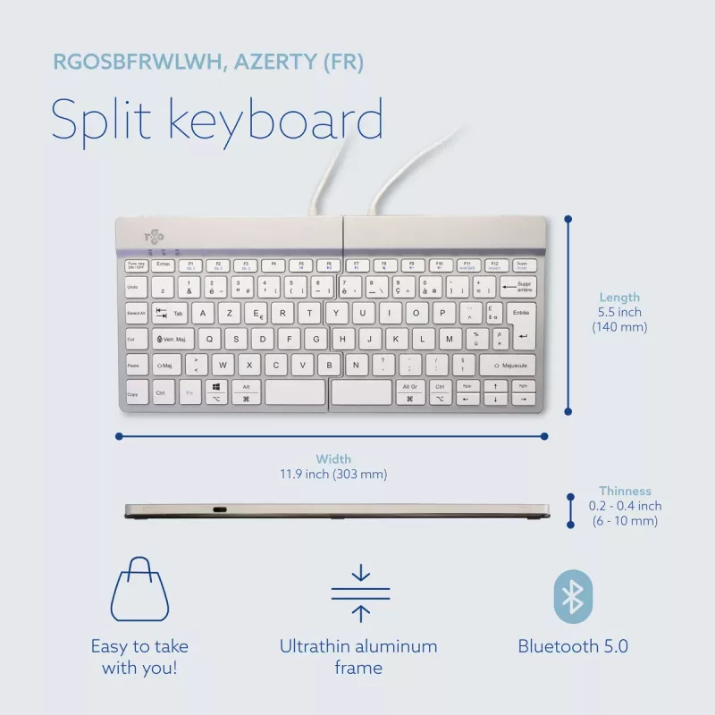 R-Go Tools Ergonomic keyboard R-Go Split Break with break software, ergonomic split keyboard, AZERTY (FR), Bluetooth, white